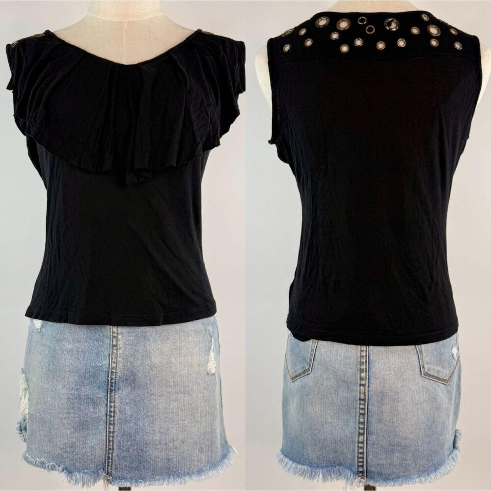 Y2K Forever 21 Black Tank Top Ruffled Neck Line Grommet Detailing Whimsygoth M
